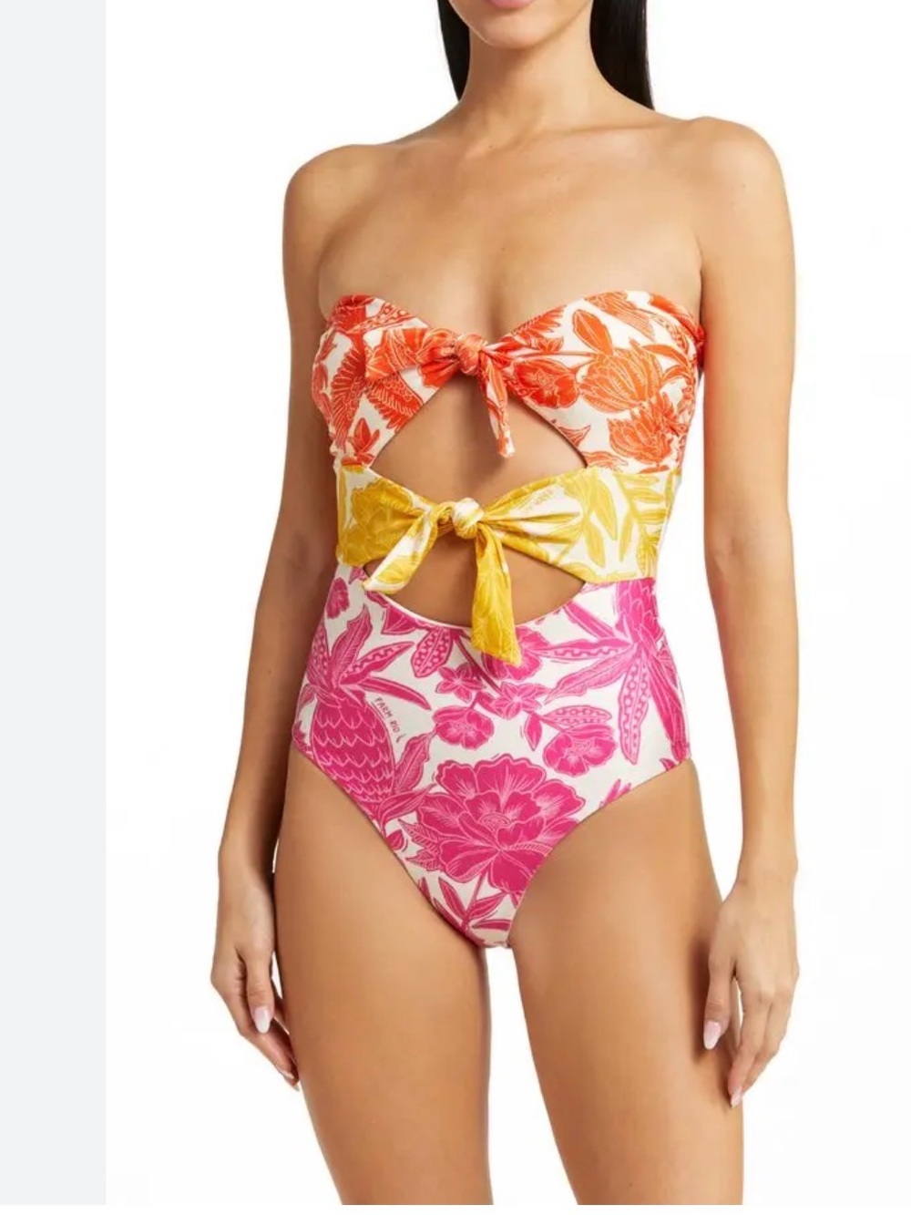 Farm Rio Tie-Front One-Piece Swimsuit in Orange, Yellow & Pink NWT M